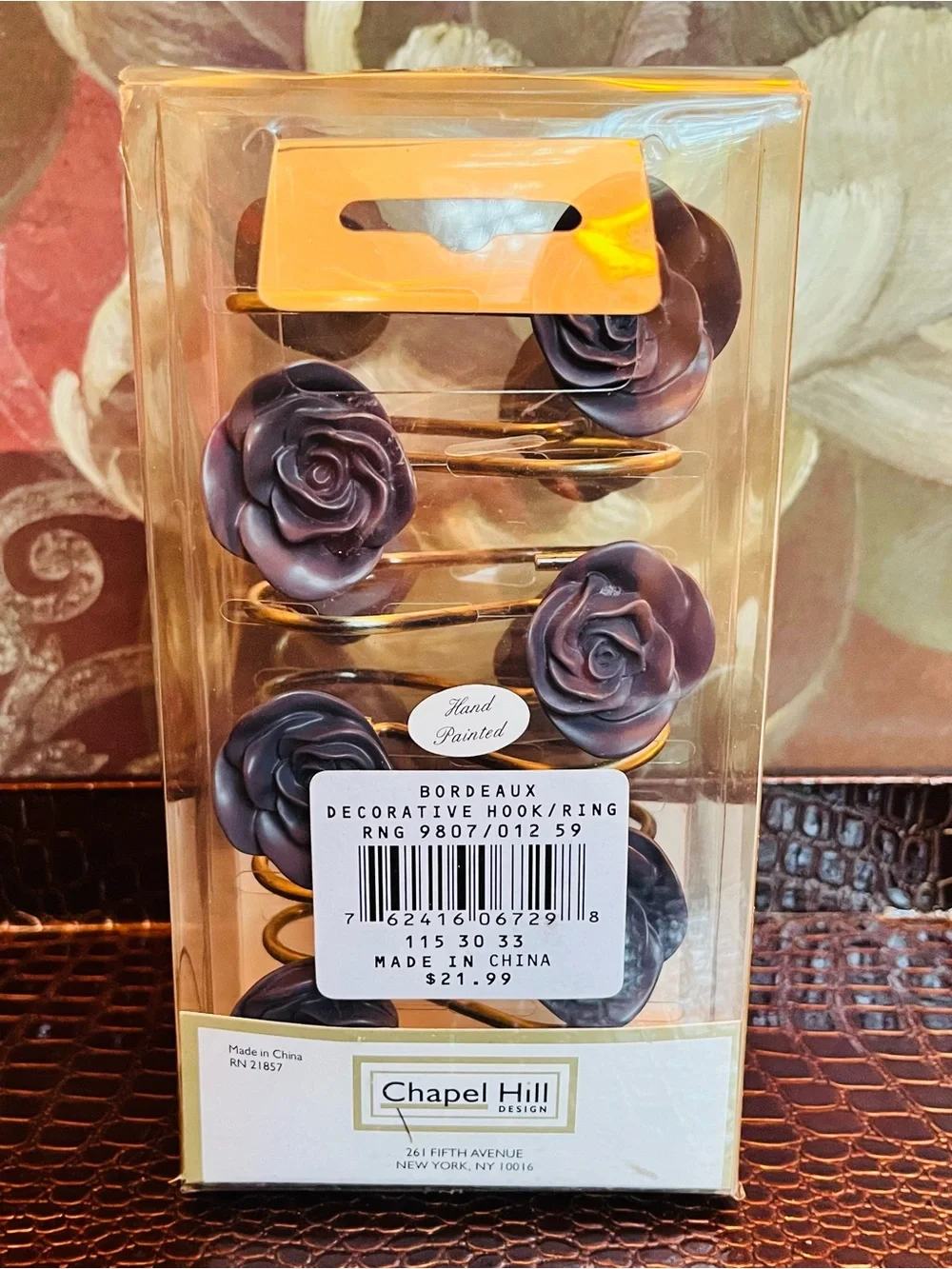 Chapel Hill Hand Painted Rose Shower Hooks in Bordeaux and Bronze Gold-Set of 12